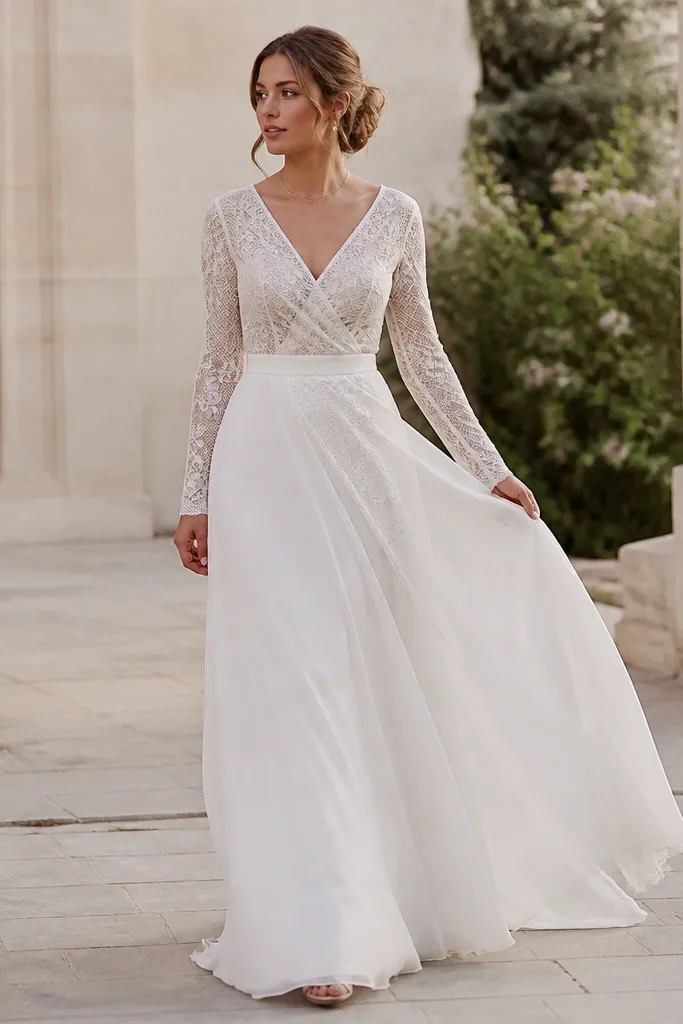 A long sleeve wedding dress with a wrap-effect lace bodice, diagonal lace overlay, and a flowing skirt that moves softly with each step.