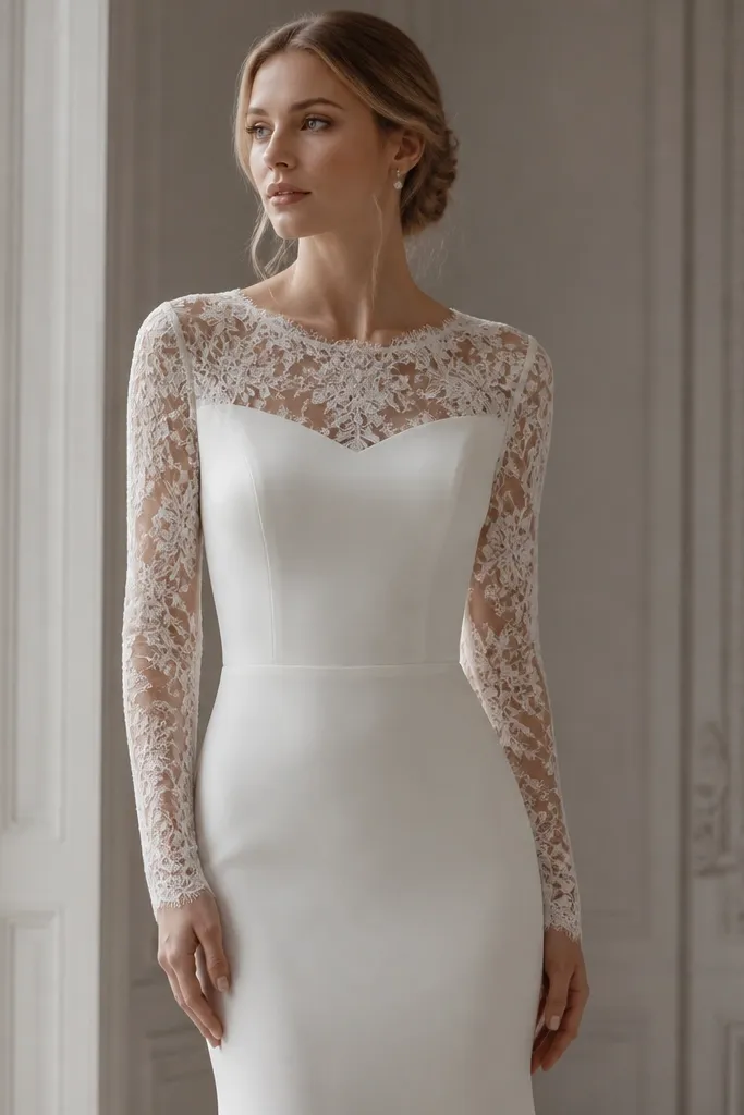 A wedding dress with lace long sleeves and lace illusion neckline, while the skirt and bodice are smooth crepe; the waist looks defined with subtle seams; sleeves look delicate but structured.
