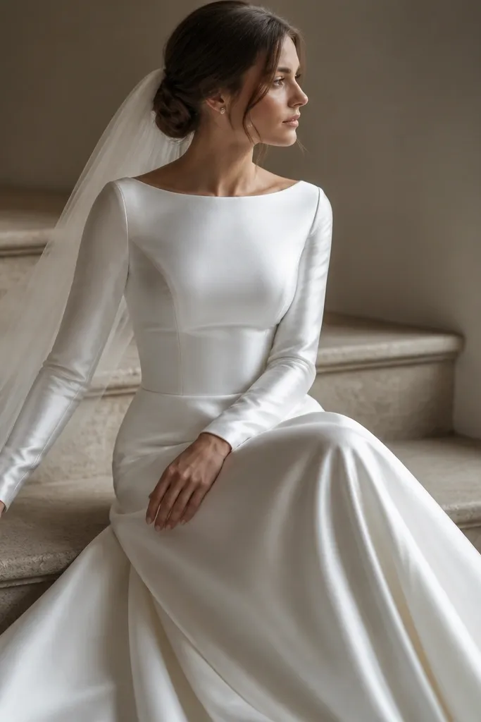 A sleek satin wedding dress with long sleeves that end in a straight, narrow cuff; the bodice is smooth and structured; the fabric reflects light softly, not sparkly.