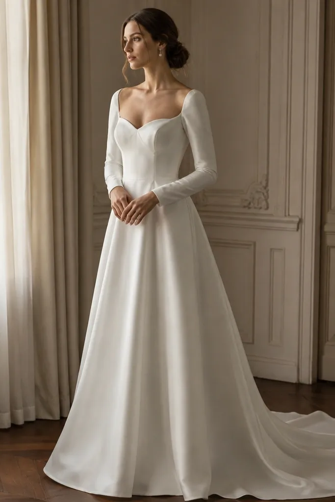 A wedding dress in matte satin with long sleeves and a subtle sheen; the skirt falls in straight panels; the bodice has a gentle sweetheart shape; the overall look is elegant but not reflective.