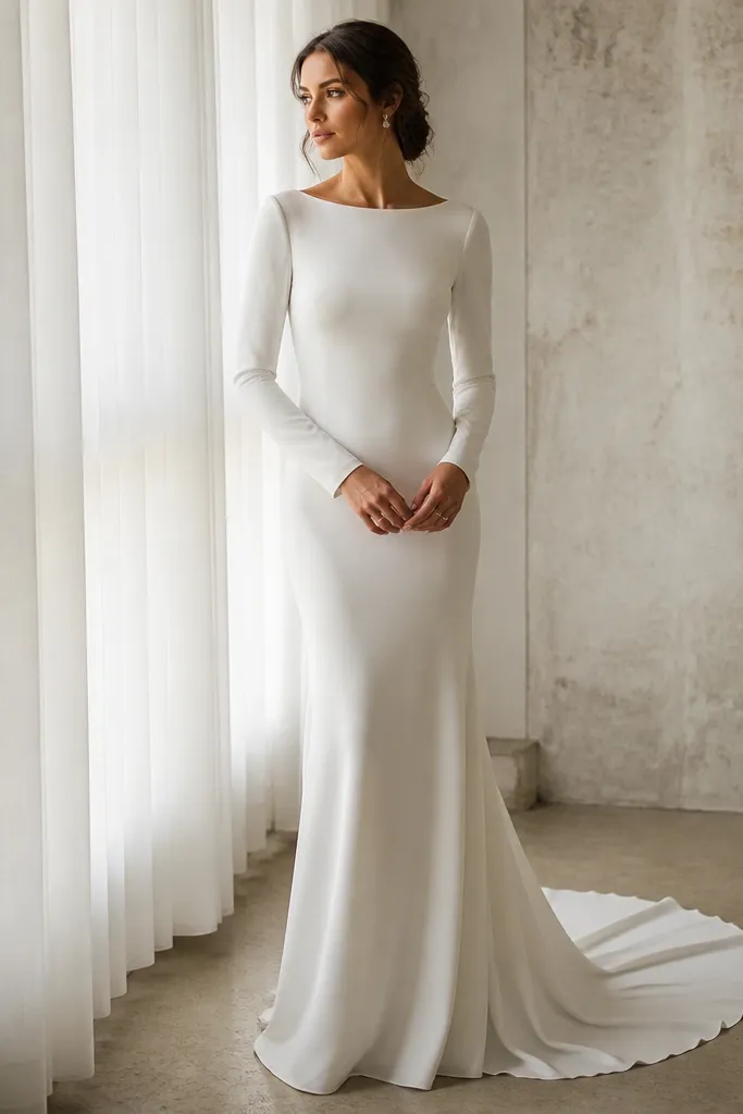 A fitted crepe wedding dress with long sleeves; the fabric drapes smoothly over the torso and hip without shine; the neckline is simple and the skirt has a clean, flowing line.
