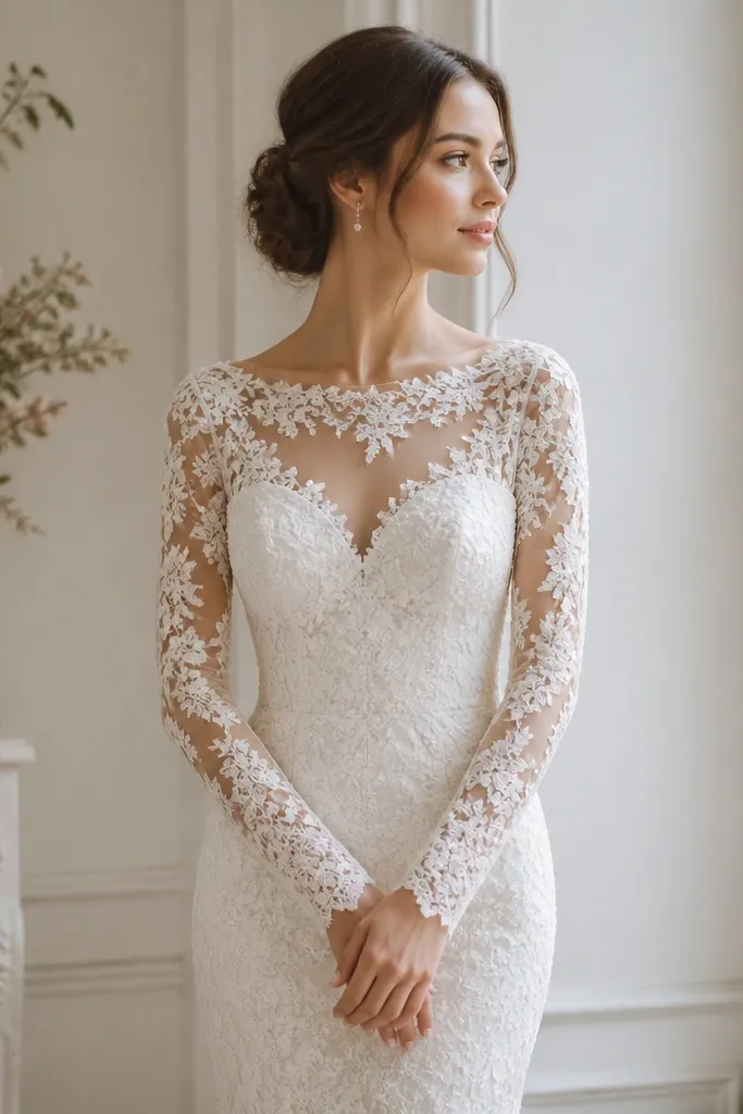 A long sleeve wedding dress with an illusion neckline and lace sleeves; the illusion panel appears sheer over a nude mesh; lace pattern continues consistently down the sleeves to the cuffs.