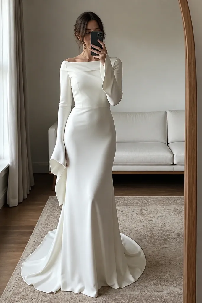 A full-body mirror photo of a long sleeve wedding dress where the sleeve cuffs trail past the wrist and brush the back of the hand, creating drag lines when the model moves.