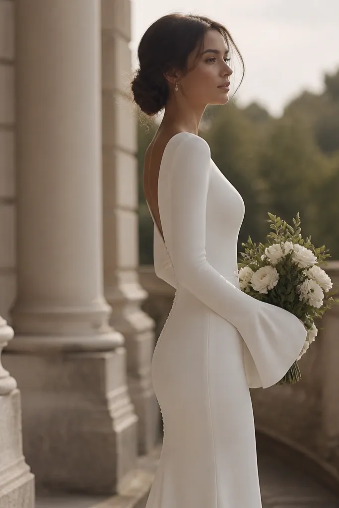 A long sleeve wedding dress with a slim sleeve silhouette that pinches at the upper arm while the lower sleeve flares slightly at the wrist, shown in a side profile.