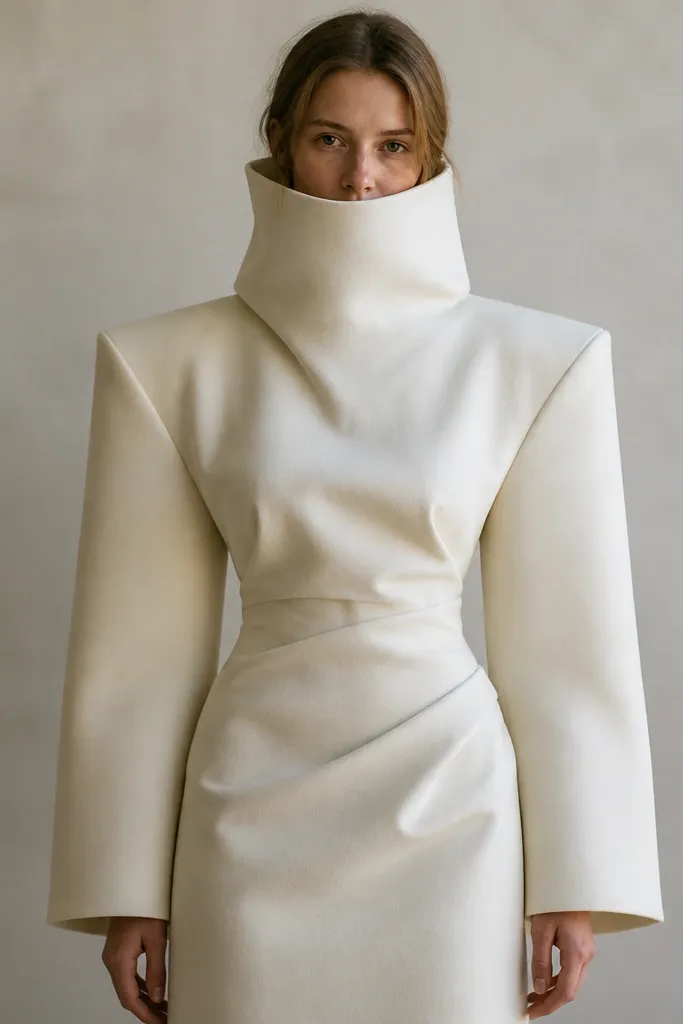 A dress photo showing a high neckline with very structured long sleeves, where the collar area looks bulky and the face looks swallowed by the frame.