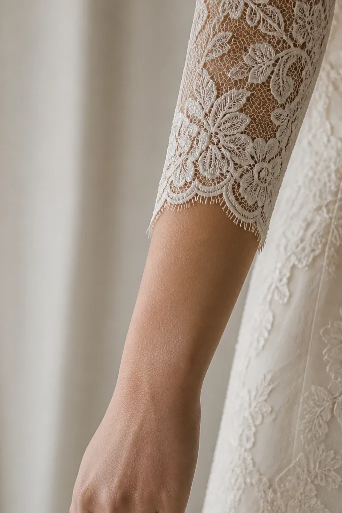 A sleeve close-up where lace motifs start too high on the forearm, creating a band that visually cuts across the arm mid-way.