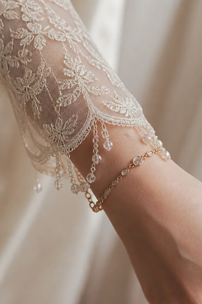 A long sleeve cuff with dangling lace or beaded edges positioned right above a bracelet, showing snag points and tension where the cuff overlaps the accessory.