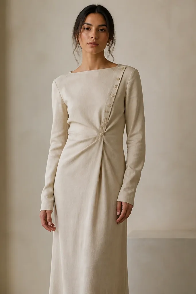 A front view of a long sleeve dress where the sleeve seam line and button placement angle slightly, creating a twist on the left arm.