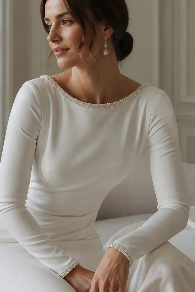 A photo of a long sleeve wedding dress where the elbow area looks strained when the model sits, with visible tension in the sleeve.