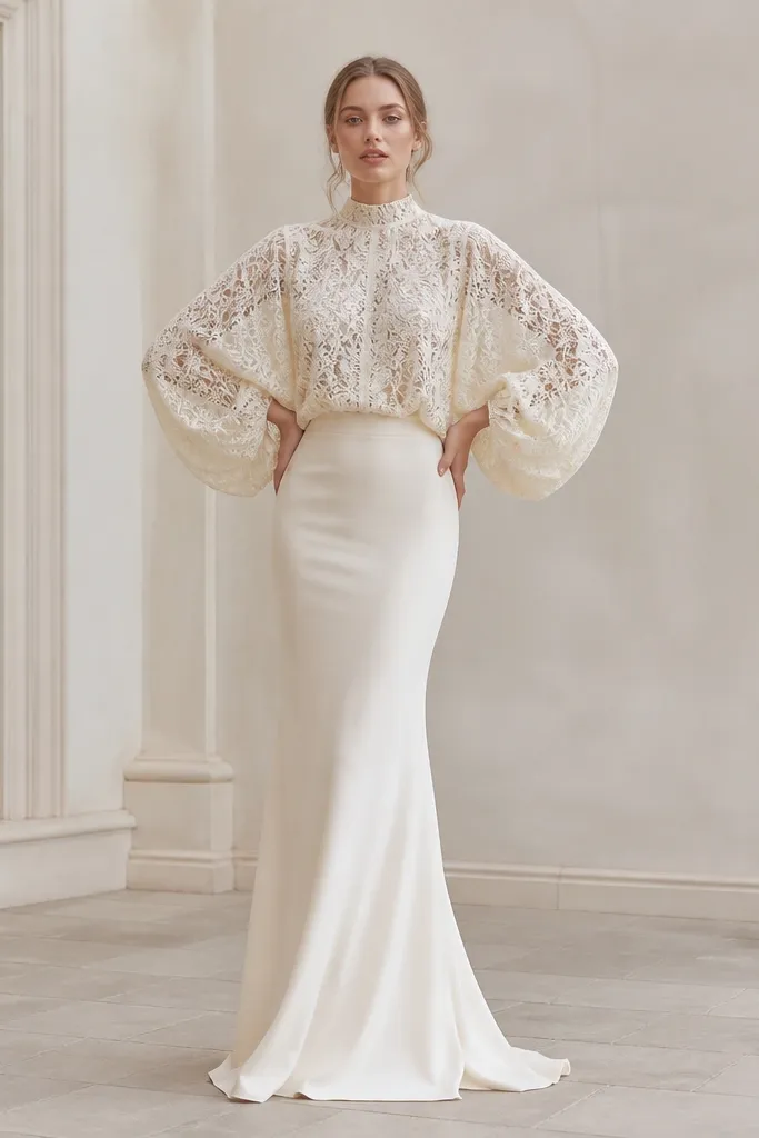 A full-length photo where thick lace or embroidered sleeves add volume around the upper arms, making the silhouette look wider than the skirt.