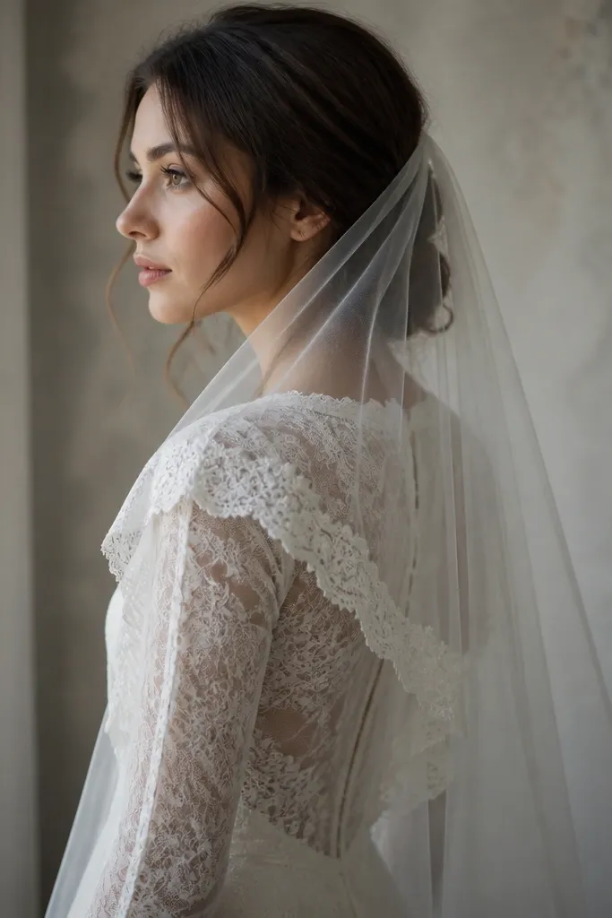 A styling shot showing a veil draped over long sleeves where the lace edge overlaps and creates a visible ridge at the shoulder.