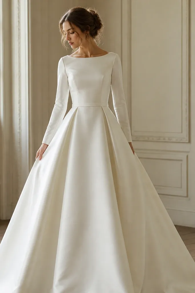 A long-sleeve ball gown wedding dress with a fitted bodice and a subtle waistband. A narrow, discreet zipper pocket detail sits at the natural waistline inside the belt seam.