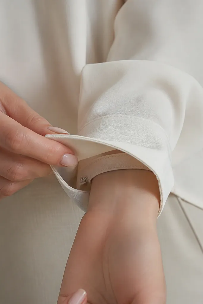 A close-up of long sleeves with a cuff. The cuff has a tiny hidden snap opening on the inside edge, showing a slim pocket space.