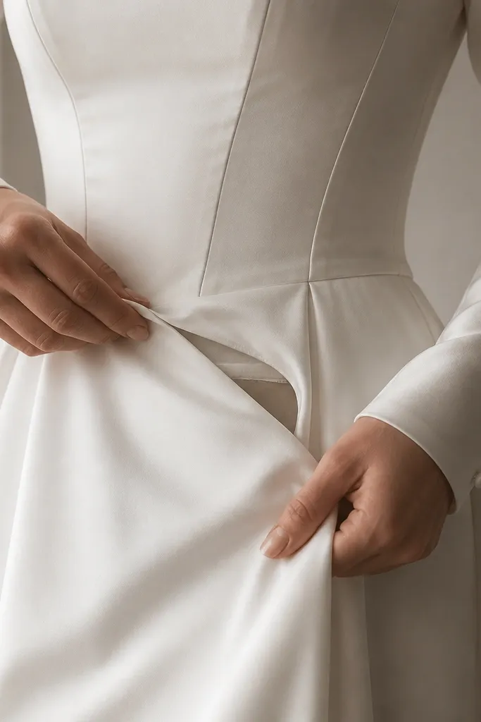 A long-sleeve ball gown with a softly boned bodice. The photo focuses on the under-bust seam where a hidden pocket opening sits beneath the lining.