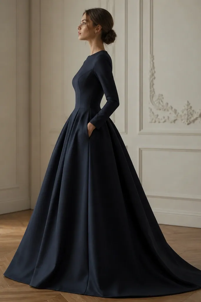 A full-length long-sleeve ball gown with a side view. A seam detail at the side includes a discreet pocket that’s visible only from the inside curve.