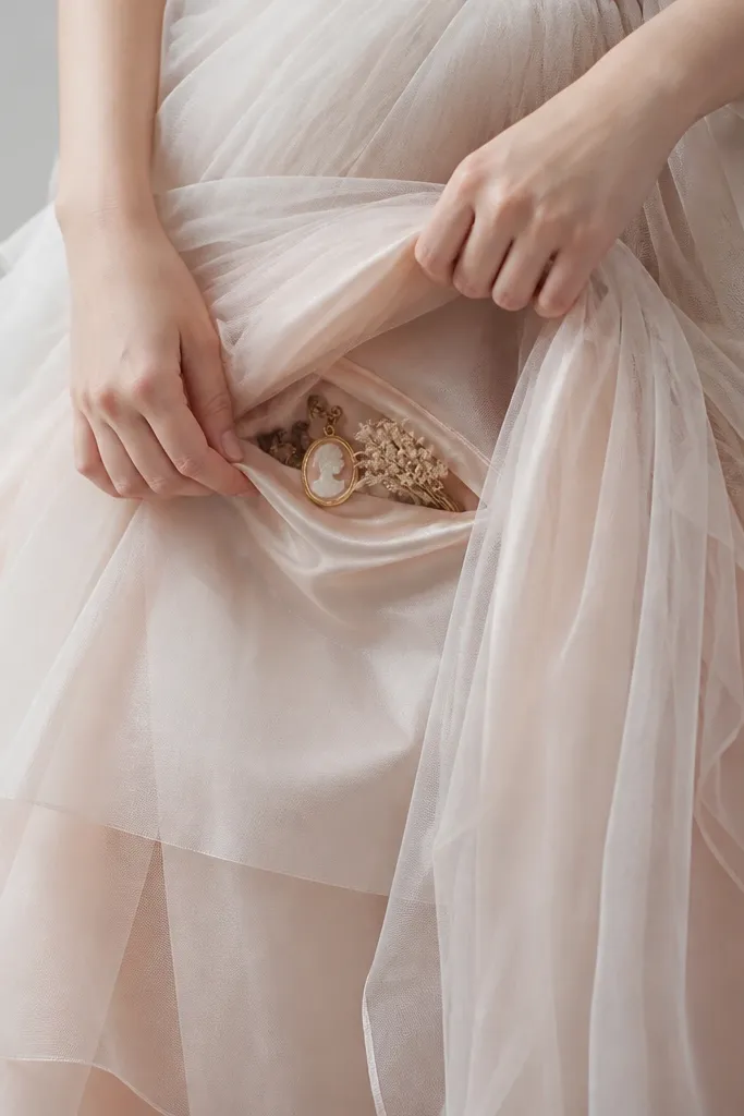 A layered skirt made of tulle and organza. The image shows a small inner pocket opening between layers, sized for small keepsakes.
