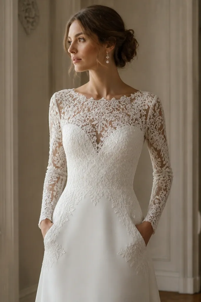 A long-sleeve wedding dress with lace appliques across the bodice. A pocket panel is subtly outlined by matching lace, blending into the design.