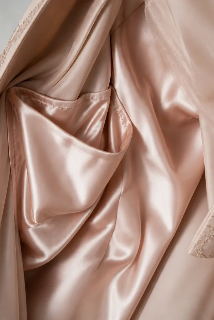 A close-up of the inside lining of a long-sleeve ball gown. The pocket compartment is lined with smooth satin-like fabric.