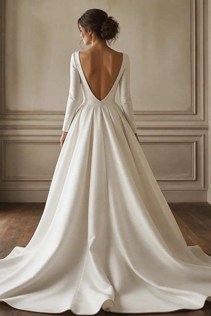 A back view of a long-sleeve ball gown with a low back. A discreet pocket opening sits inside the back panel where it’s not visible from the outside.