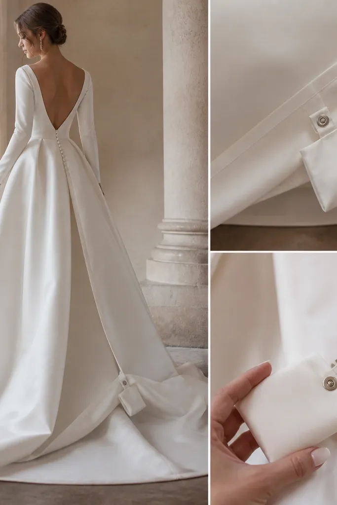 A long-sleeve ball gown showing a hem detail. A small pouch attaches at the inside hem with a button and can be unclipped for later.