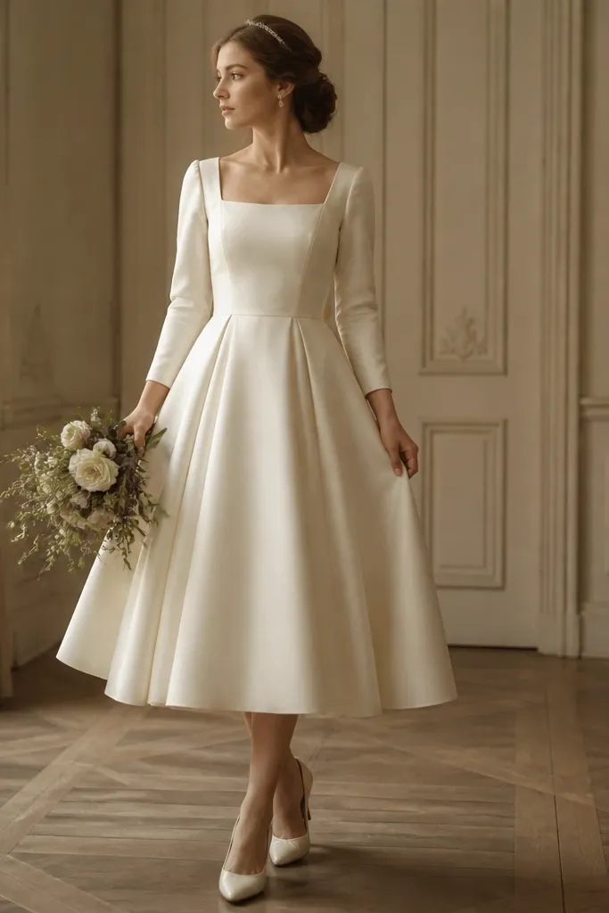 A vintage tea-length wedding dress in warm ivory with long sleeves, a fitted bodice, and a soft A-line skirt. The fabric looks matte on the front with a subtle sheen on the back, and the neckline is a modest square shape.