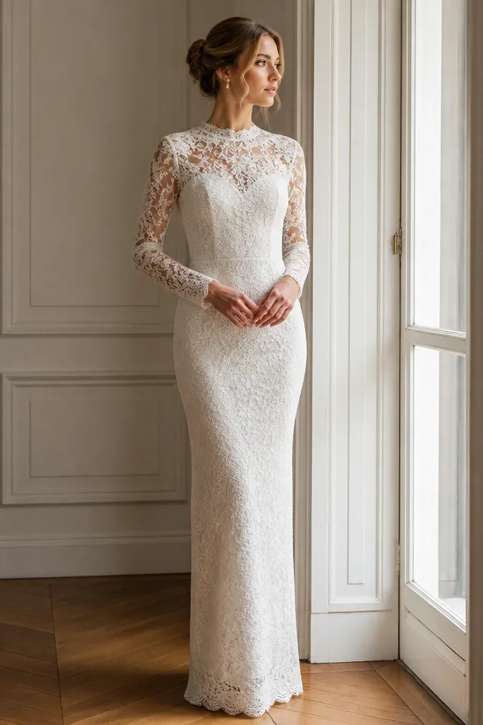 A fitted ivory sheath wedding dress with a high neckline and long sleeves made of lace. The skirt appears clean at the hem with little to no train, and the lace pattern is floral with scalloped edges.