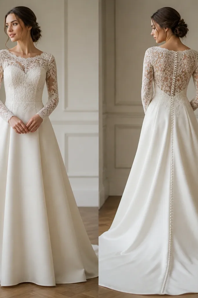 An ivory fit-and-flare wedding dress with long lace sleeves and a bodice covered in lace over a smooth lining. The back shows covered buttons running down the center, and the skirt flares gently from the waist.