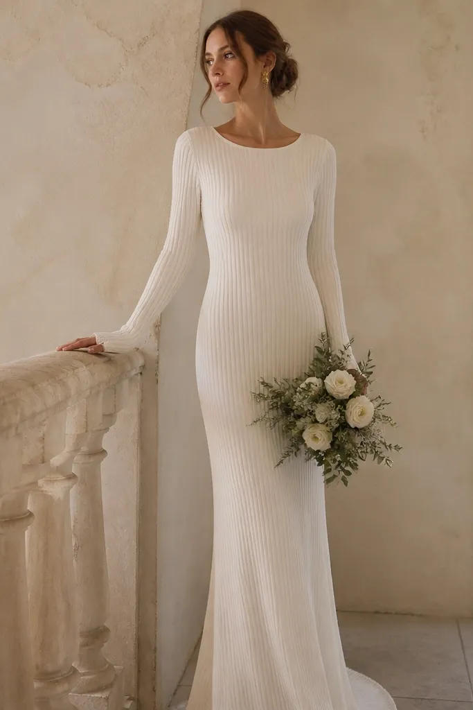 A cream ribbed knit wedding dress with long sleeves and a simple slip silhouette. The neckline is a soft round shape, and the fabric shows subtle vertical ribbing that creates a flattering, vintage-modern texture.