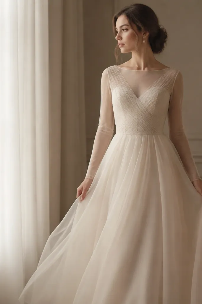 An ivory gown with long sheer tulle sleeves and an overlay bodice, layered over a matte satin lining. The skirt has a soft volume, and the tulle catches the light without looking shiny.