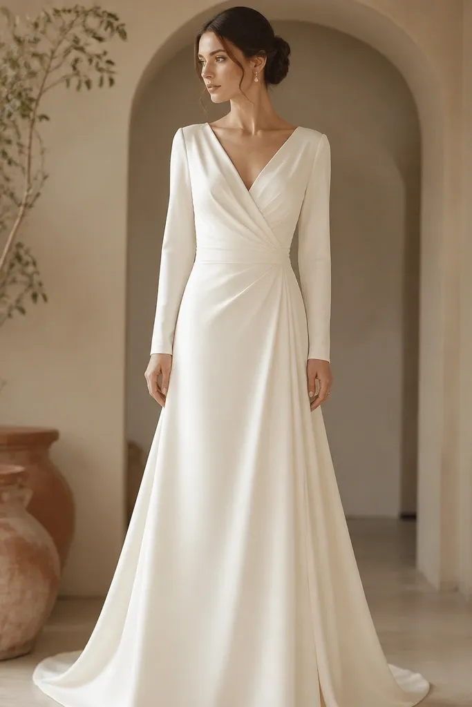 A warm ivory crepe wedding dress with a wrap-style bodice and long sleeves. The waist has subtle ruching, and the skirt falls in a clean A-line with a soft, defined drape.