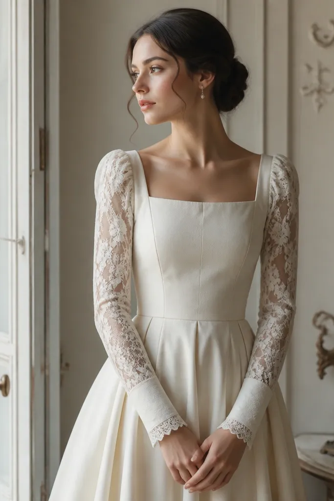 A vintage-inspired dress with lace Juliet sleeves that puff slightly at the shoulder and taper at the wrist. The cuffs look structured, with a scalloped lace edge and a fitted bodice in solid ivory fabric.