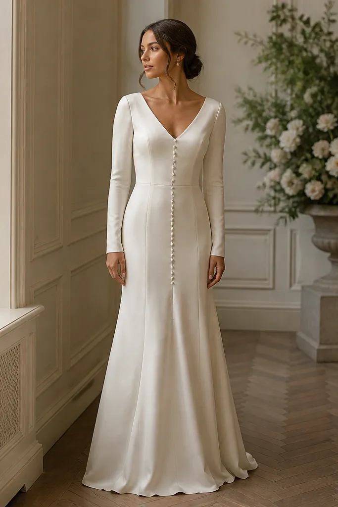 An ivory long sleeve wedding dress with a modest V-neckline and pearl-like buttons down the front. The fabric is a smooth matte with a gentle sheen, and the skirt is straight with a subtle flare at the hem.