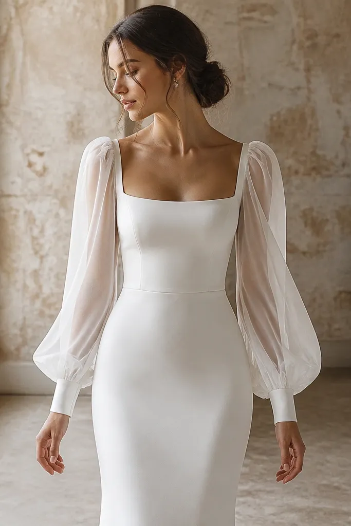 A two-fabric wedding dress: a crepe bodice and skirt with sheer organza long sleeves. The organza sleeves look lightly puffed and airy, while the body fabric looks smooth and solid.
