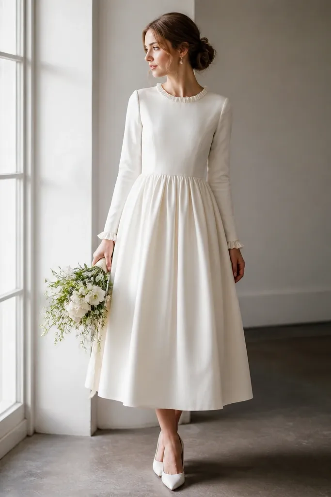 A tea-length ivory wedding dress with long sleeves and delicate ruffle trim along the cuffs and neckline. The skirt is softly gathered, and the fabric looks crisp with a smooth inner lining visible at the seams.