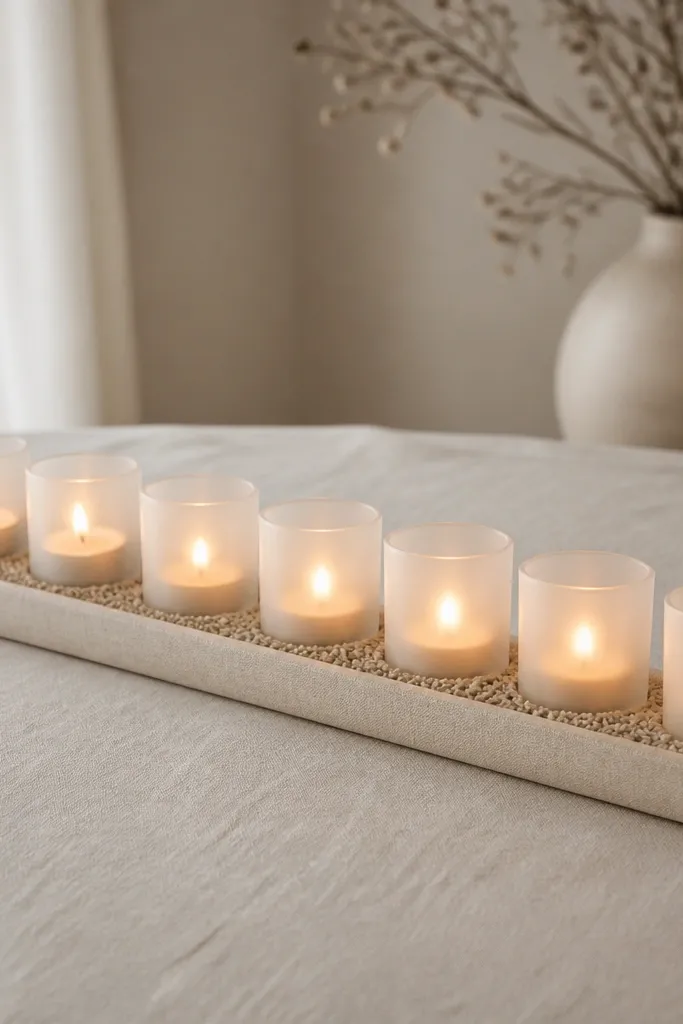 A long neutral linen tray holding 7 frosted glass tealight cups in a straight line, each with a warm flame candle, with scattered beige sand-textured filler around the bases.