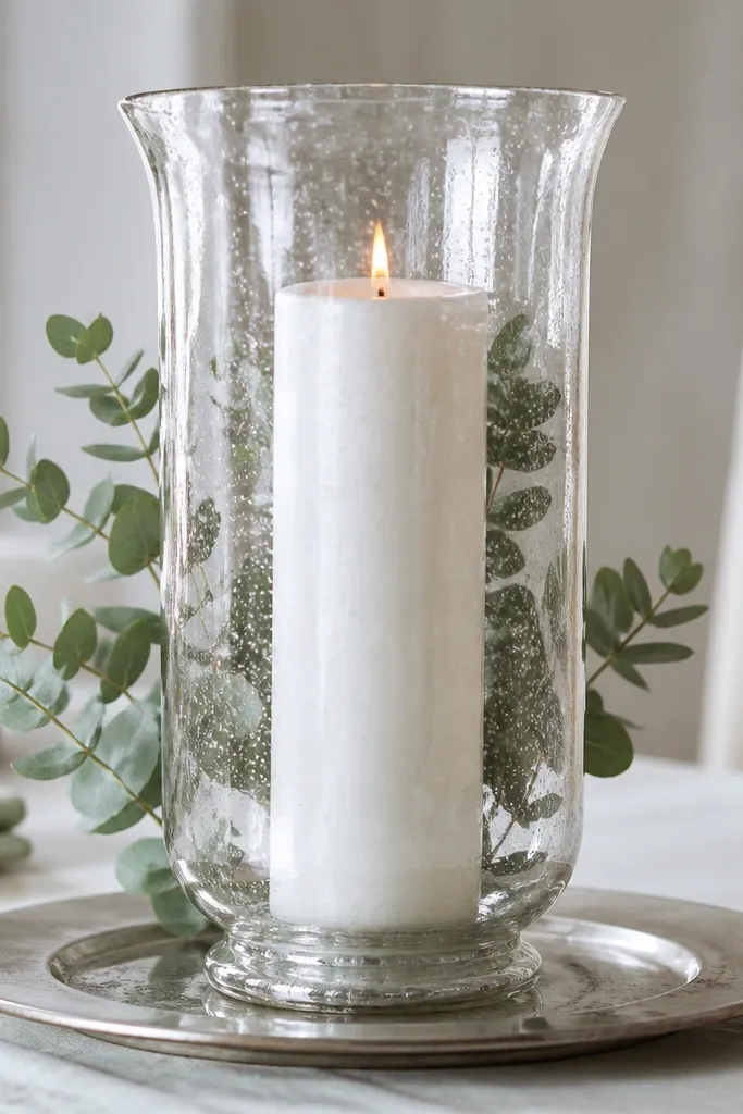 A tall white pillar candle inside a clear mercury glass hurricane vase, centered on a charger plate, with a few sprigs of eucalyptus tucked behind the candle.