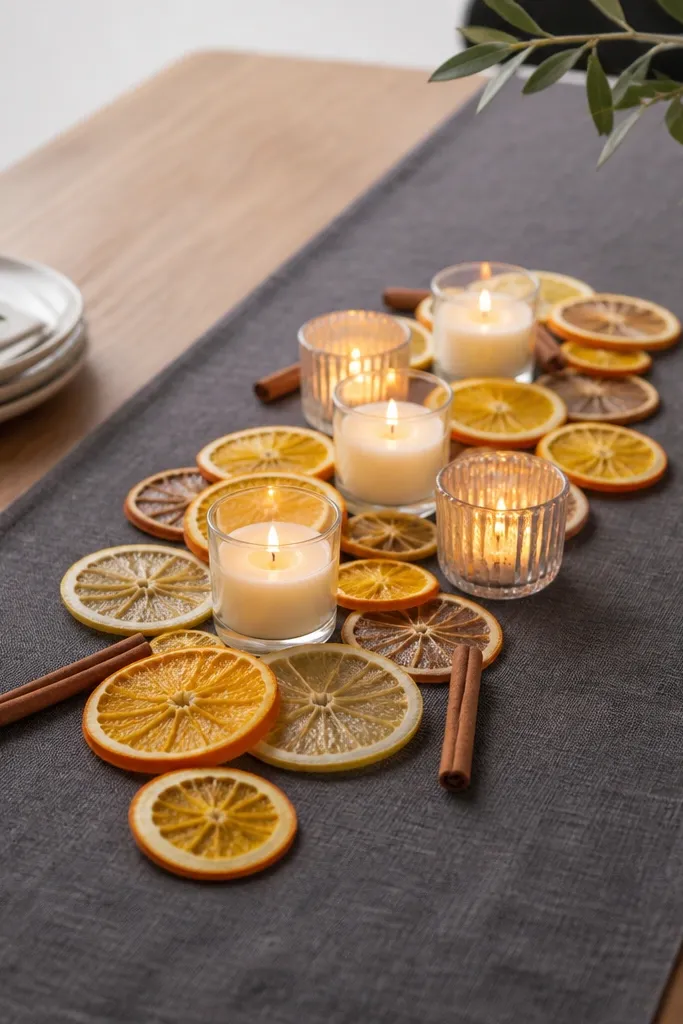 A dark stone-gray fabric runner with a cluster of small votive candles surrounded by thin orange and lemon slices, plus a few scattered cinnamon sticks.