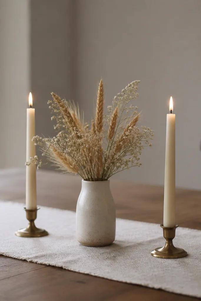 Two short taper candles in brass holders on a narrow runner, with a small arrangement of dried wheat and white baby’s breath in between.