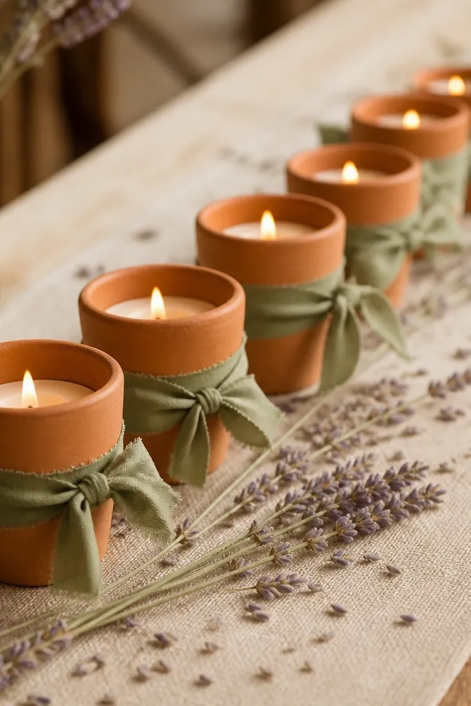A row of terracotta votive cups wrapped with sage green ribbon, each cup holding a small candle, arranged on a warm beige table runner with scattered dried lavender.