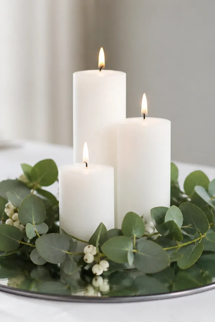 Three white candles of different heights on a mirrored charger plate, with eucalyptus leaves spiraled around the base and a few white berries tucked in.