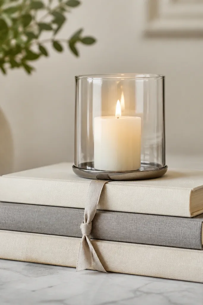 A small stack of hardcover books in cream and gray, topped with a short glass hurricane holding a candle, with a thin strip of ribbon tying the base.