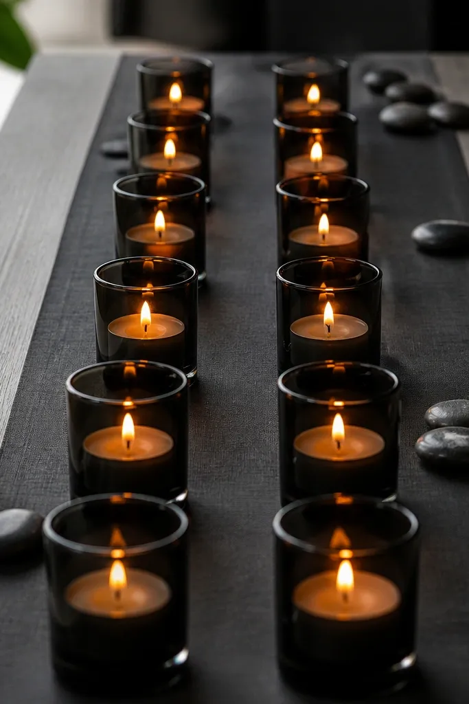 A charcoal table runner with a neat grid of black glass votive holders, each candle lit, with a few scattered black river stones at the edges.