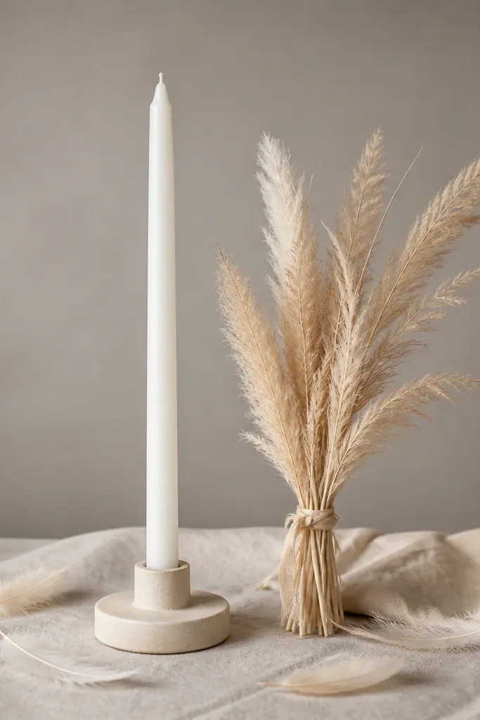 A tall white taper in a simple holder next to a small bundle of dried pampas grass, with a soft neutral tablecloth and a few scattered cream feathers.