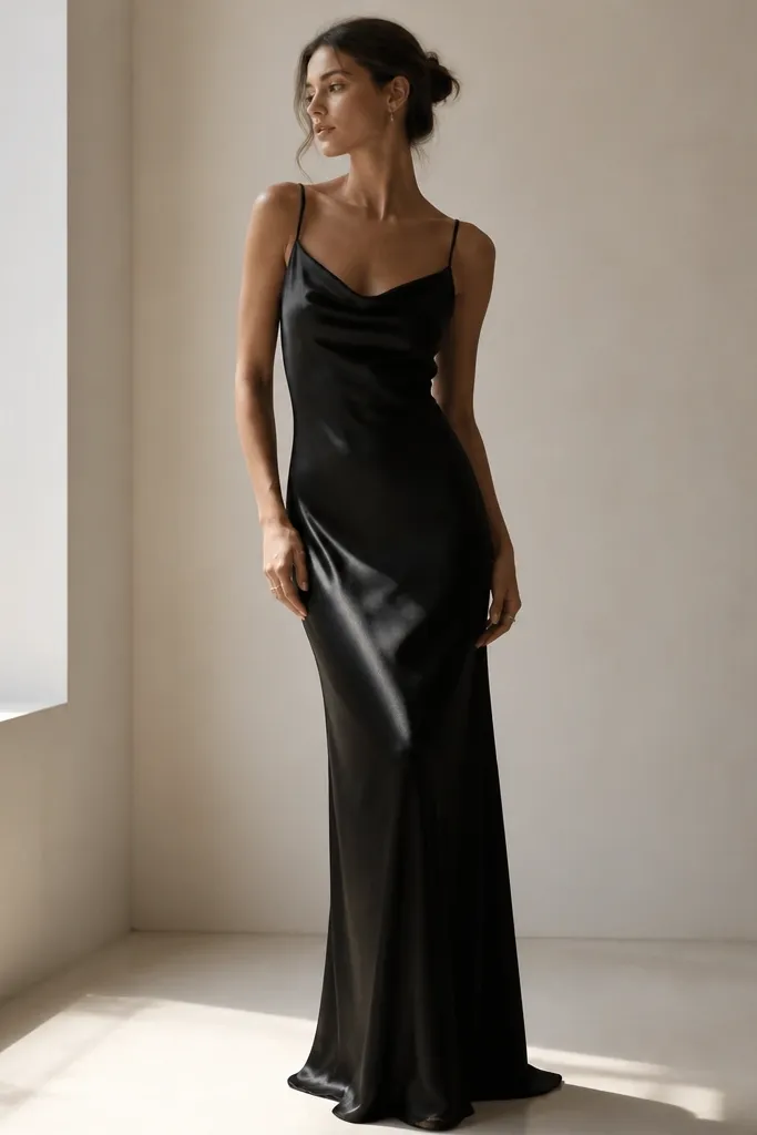 A floor-length black bias-cut slip gown with a subtle cowl neckline; thin spaghetti straps; the fabric catches light in smooth waves; minimal seams create a sleek, expensive silhouette.