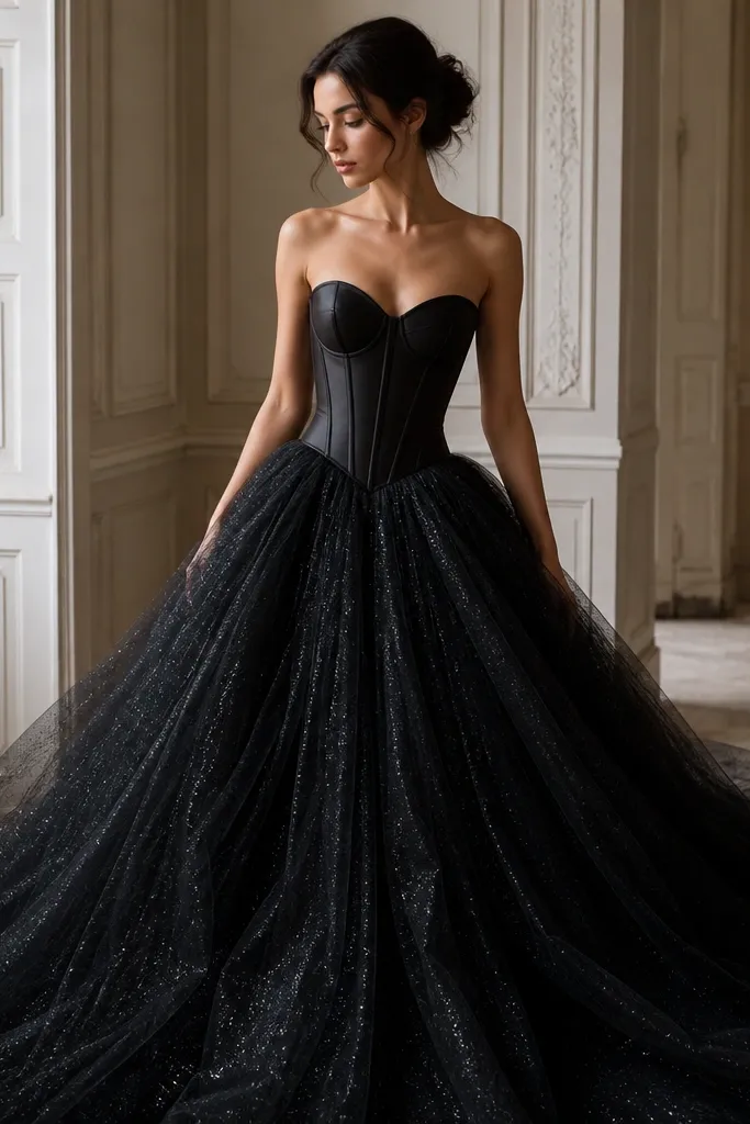 A black ballgown with a satin corset-style bodice (boning visible through structure) and a voluminous skirt made of layered tulle; the skirt looks airy with a gentle shimmer.