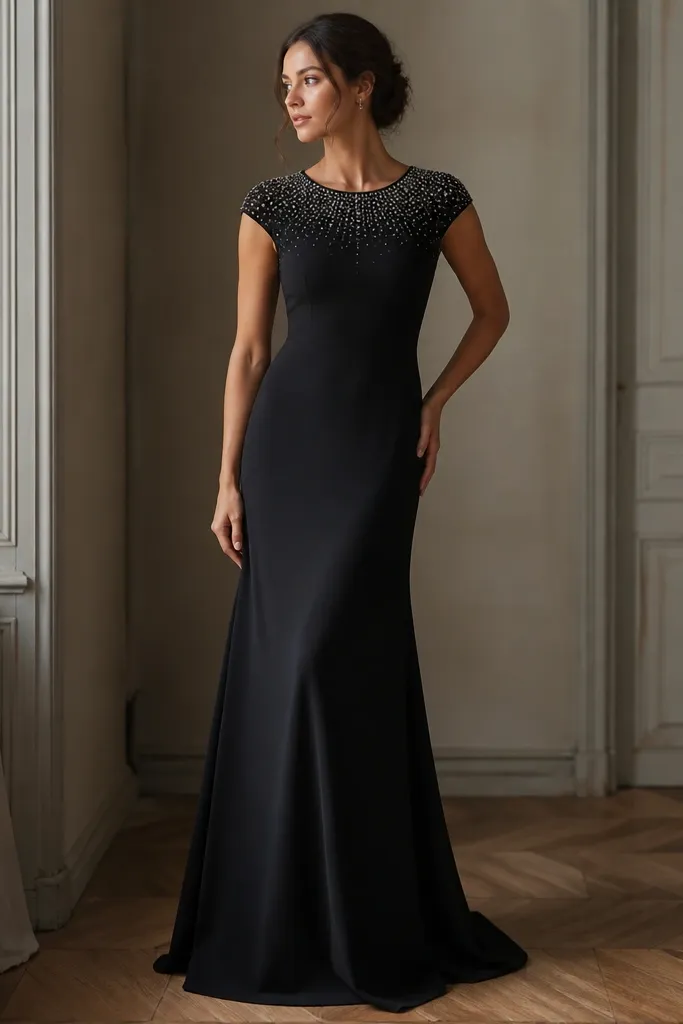 A matte black crepe gown with a neckline covered in small crystals or beadwork; sleeves are either short cap sleeves or fitted long sleeves; the skirt falls smoothly to the floor.