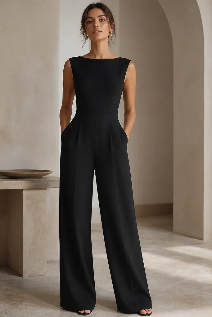A black crepe jumpsuit with a structured waist seam, fitted torso, and tapered wide-leg pants; it has a formal neckline and looks like a dress from the front.