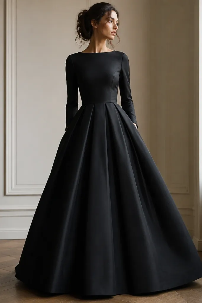 A black long-sleeve ballgown made from taffeta; the bodice looks structured; the skirt has crisp pleats that hold shape and flare gently.