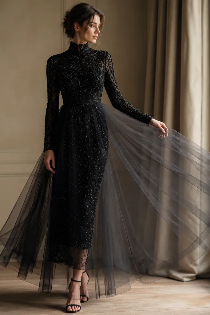 A black high-neck beaded midi dress with long sleeves; over it, a feather-light tulle overskirt that drapes and floats; the overall look is layered and elegant.