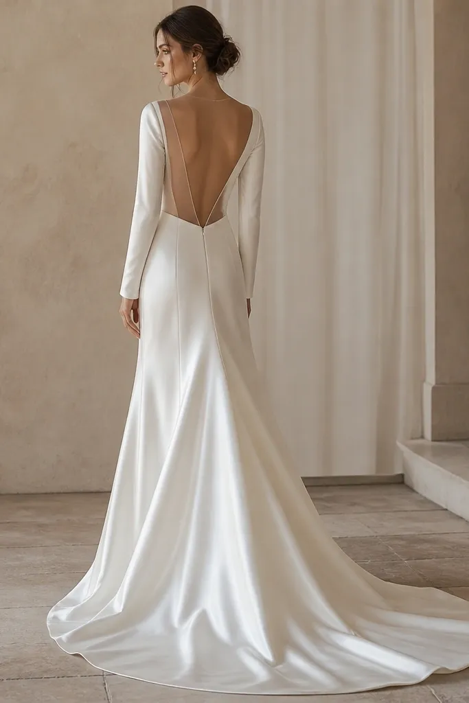 A floor-length bridal gown in soft ivory silk-satin with fitted long sleeves. The back features a deep V cut-out framed by sheer illusion mesh, with a clean, minimal neckline line and a smooth, glossy skirt.